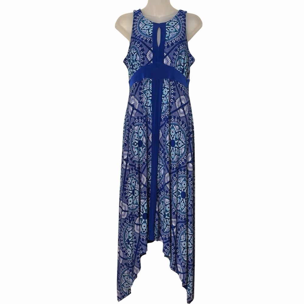 INC Womens Medium Blue Handkerchief Hem Maxi Dress Boho Resort Beach Statement